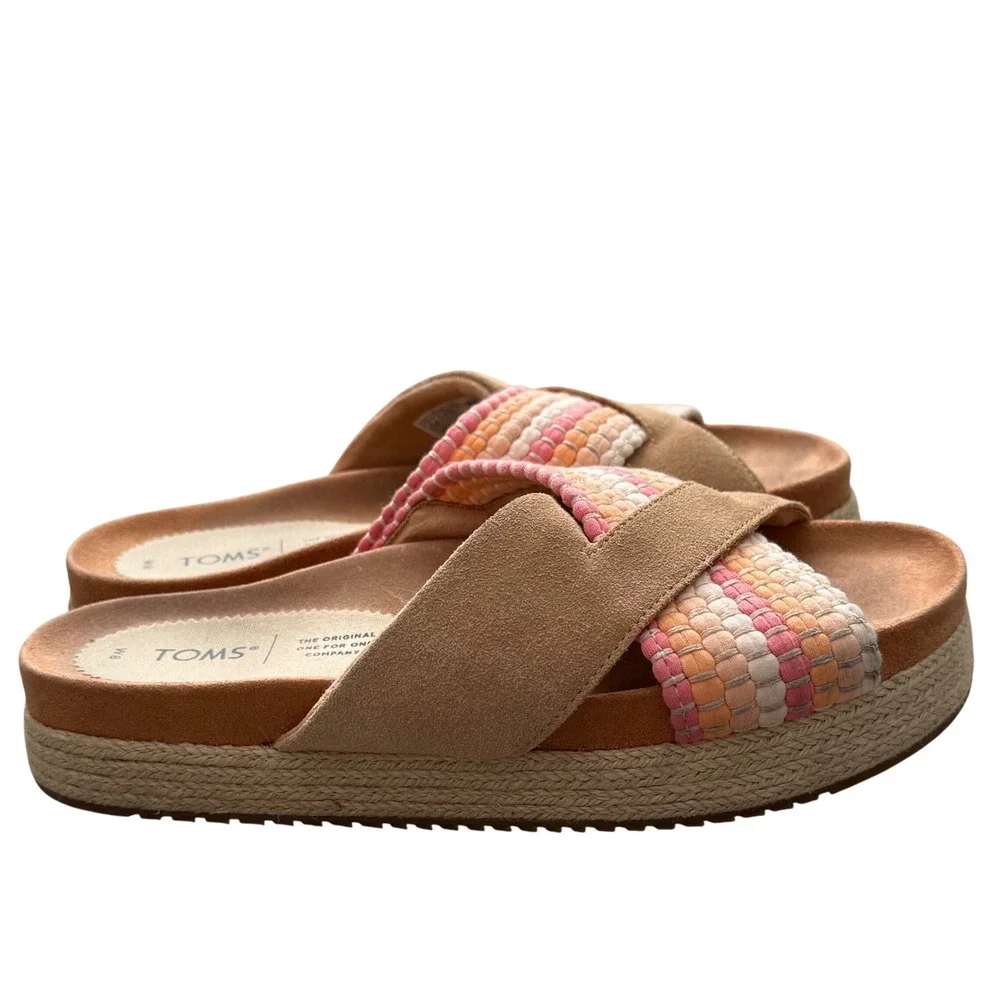 TOMS Women's Espadrille Platform Sandals Woven Slides Straps Tan Pink Coral W8‎